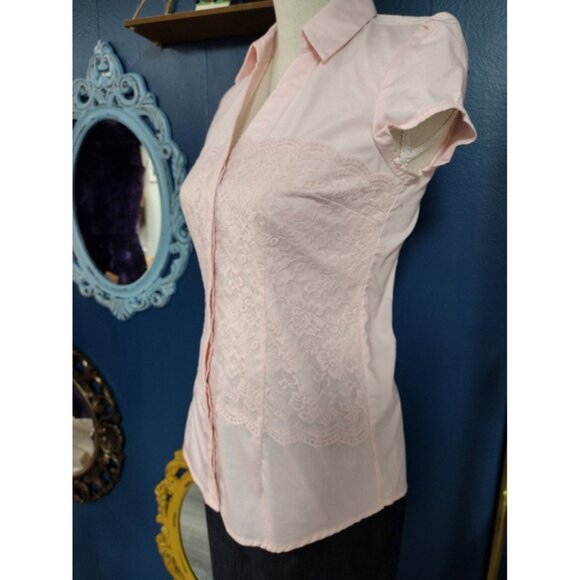 New York & Company Short Pink Sleeve Button Up Blouse X-Small - Picture 1 of 4